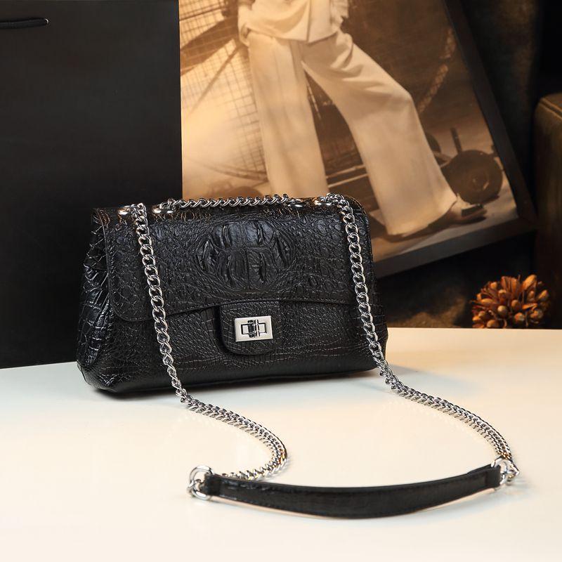 White Crocodile Pattern Women's Bag Big Brand Lock Small Square Bag Fashionable Shoulder Crossbody Bag Chain Bag