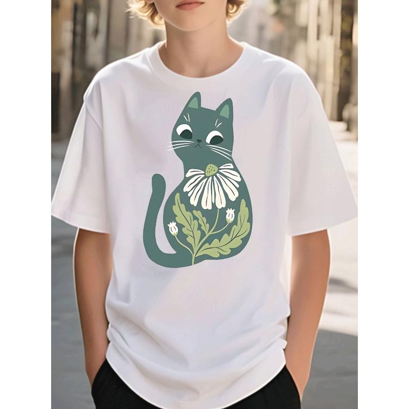European Sizes T - Shirt Boys Clothing Casual Trendy Floral Cat Graphic Kids Wear for Boys