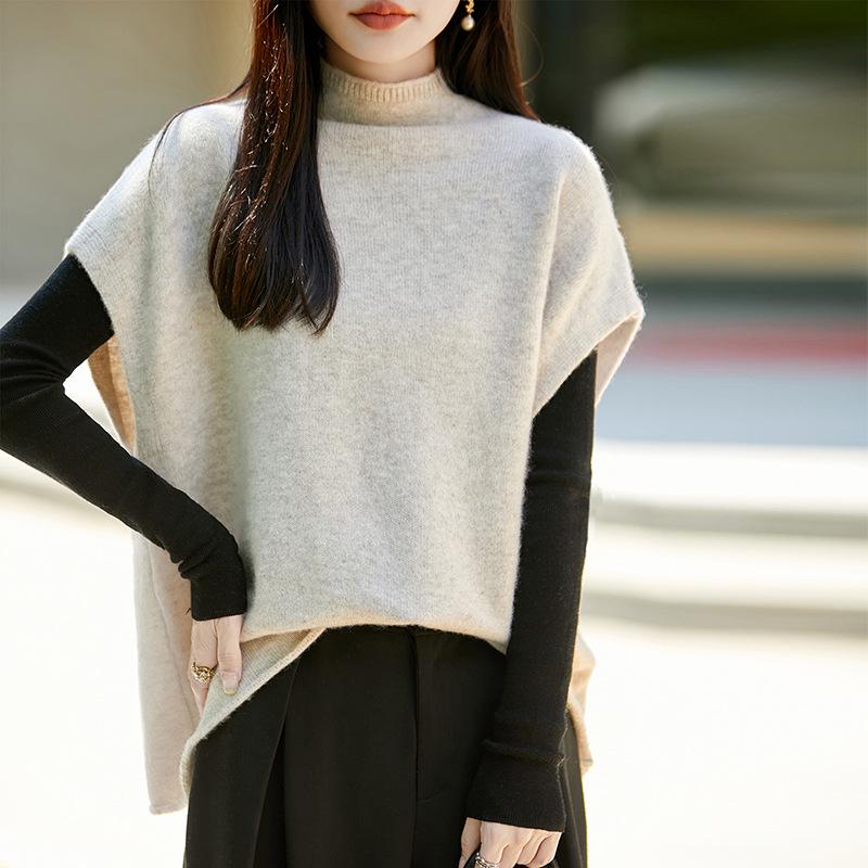 Autumn/Winter Women's Wool Sleeveless Rolled Hem Vest Top with High Neck - Elegant Shawl Style Sweater