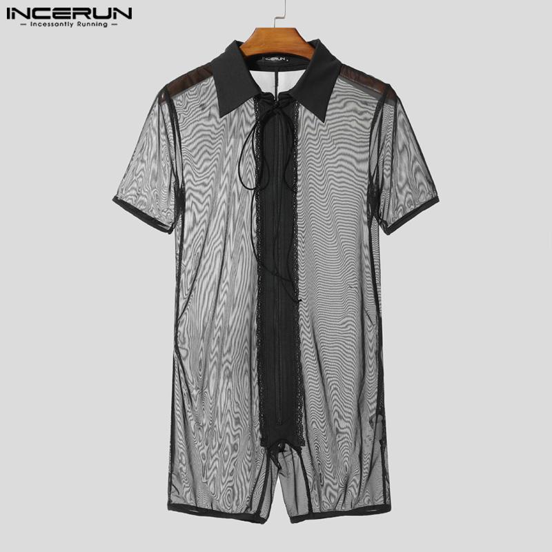 INCERUN Men Sleeveless Stitching Mesh Sheer Transparent Jumpsuits Underwear 