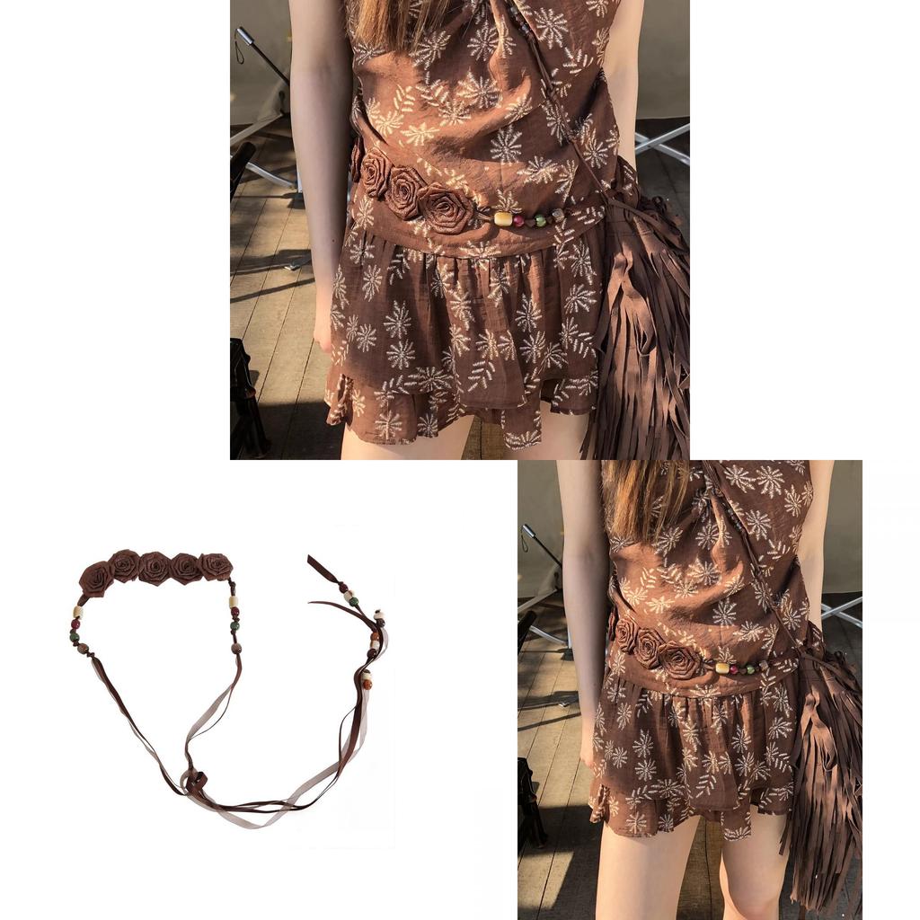 Cintura da Vita in Pelle Bohemienne da Donna con Decorazione a Fiore di Rosa Perfetta per Outfit Estivi