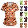 Bedruckte Oberteile für die Arbeitsuniform in Übergröße für Damen, V-Ausschnitt, Halloween-Aufdruck, kurzärmliges Fun-T-Shirt, Workwear-T-Shirt mit Taschen