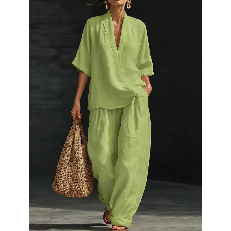 2026 Spring/Summer Hot-Selling V-Neck Short-Sleeve Top Set, Fashionable Casual Wide-Leg Pants Set