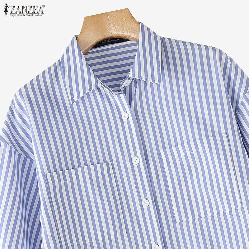 ZANZEA Women Casual Turn Down Collar 3/4 Sleeve Loose Stripe Blouse