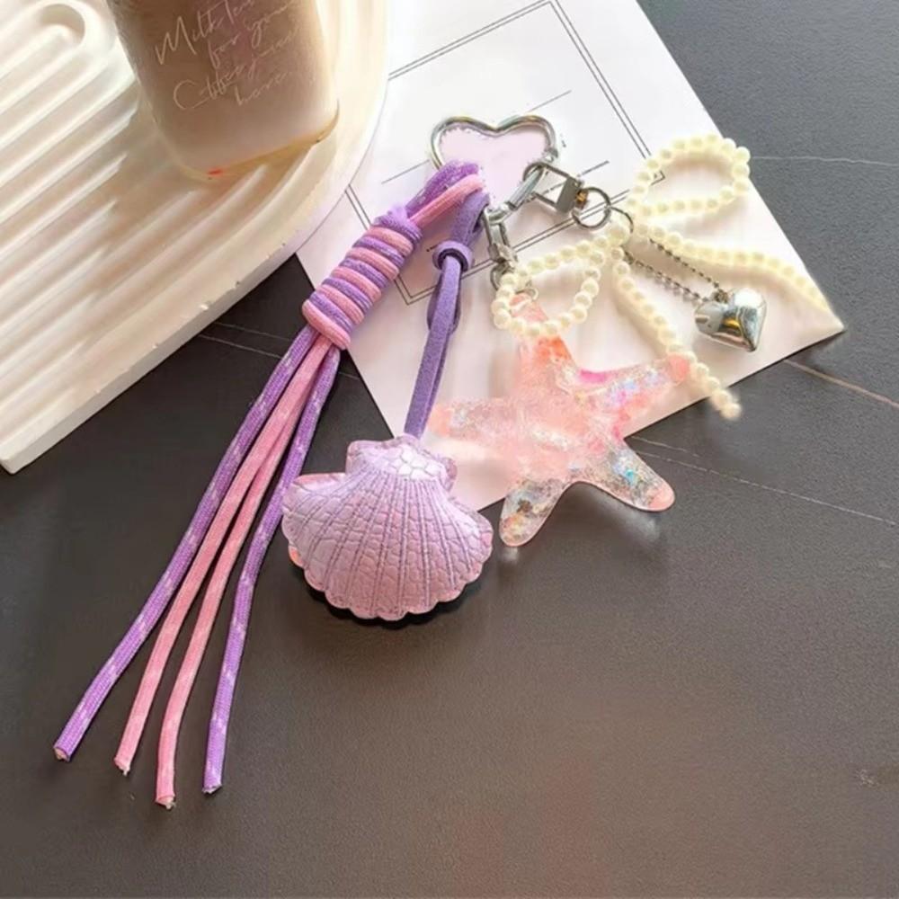 Fashion Pearl Bow Starfish Shell Keychain Braided Rope DIY Jewelry Key Ring Mobile Chain Pendant Bag Charm Accessories