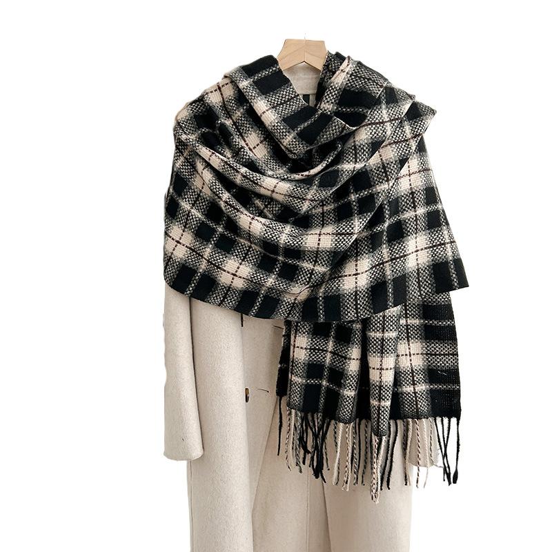 Autumn and Winter High-end Fashion Woven Plaid Scarf Sweet and Elegant Temperament Imitation Cashmere Warm Fringed Shawl