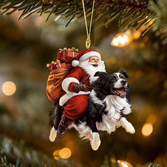 Santa Claus Dog Christmas Ornaments Funny Santa Claus Riding Puppy Ornaments 2D