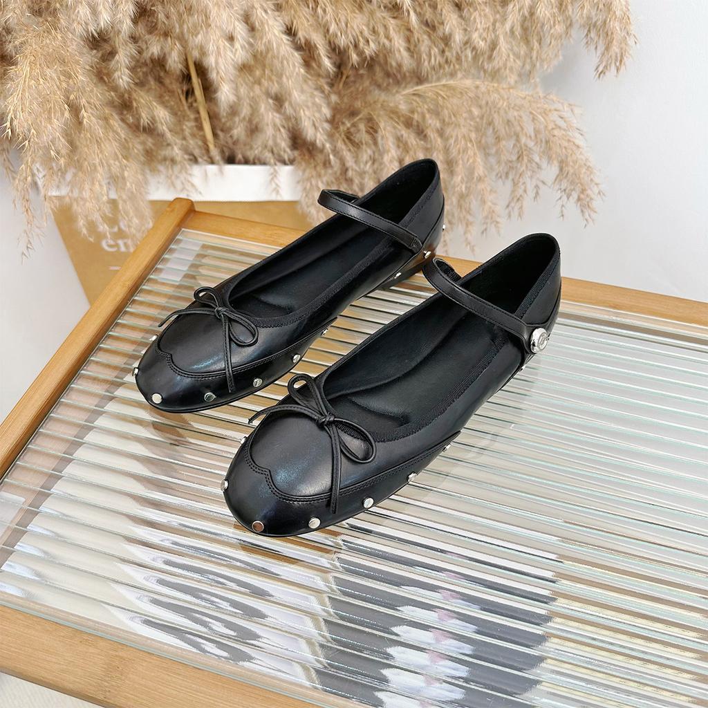 Cowhide Version~ Xiaoxiangfeng Word with Bow Mary Jane Shoes Women's Inner Button Nails Leather Low Heel Black Single Shoes