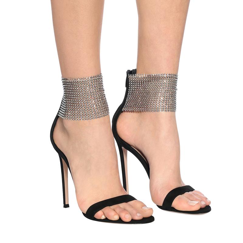 Lato Nowe Sandały Szpilki Kobiety Cyrkonie Pasek z Klamrą Jedno Słowo Czarne Buty na Wysokim Obcasie Kobiety Moda Sandalias De Las Mujeres