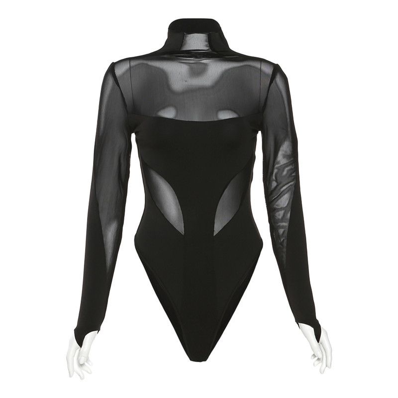 

Ретро Прозрачный Сетчатый Комбинезон с Длинными Рукавами Black S