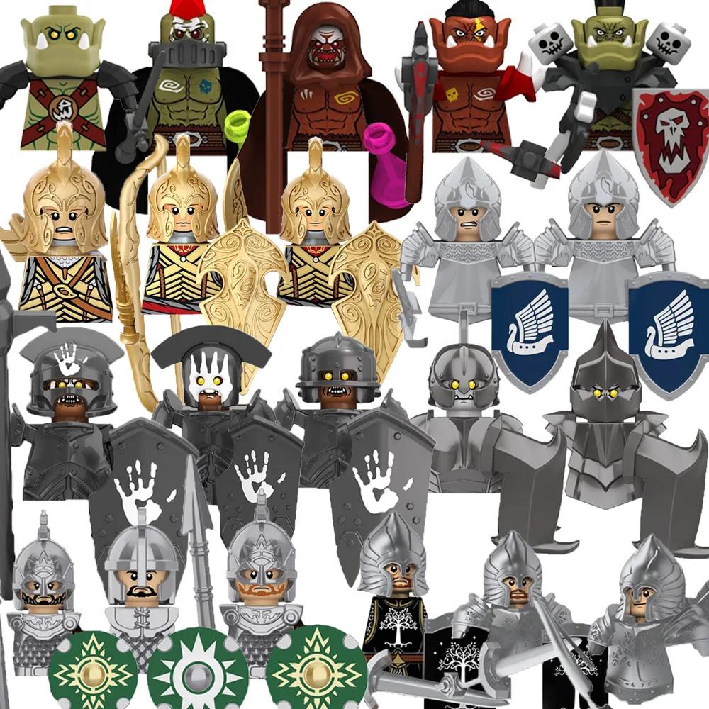 MOC Středověcí rytíři Orkové Stavební kostky Figurky Hračka Vojáci Stráž Zbraně Luky Šípy Štít Brnění Vlajky Pochodně T016