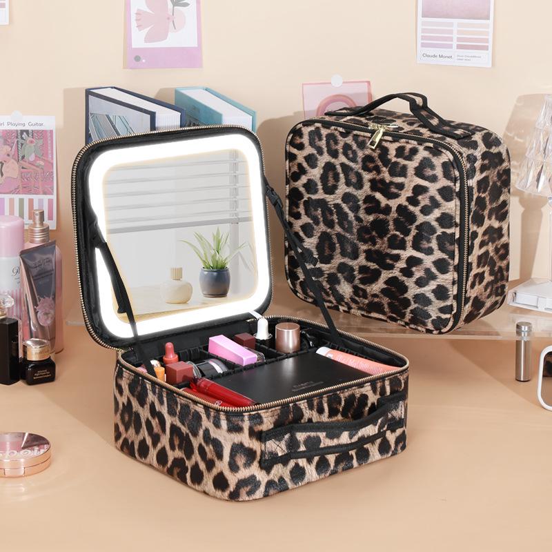 Large Capacity Makeup Bag with Lighted Mirror - Portable Travel Cosmetic Organizer