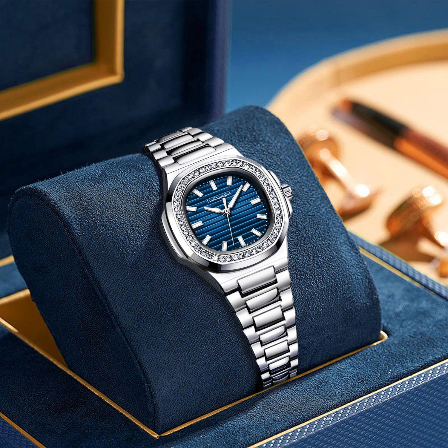 

Герцог Лотарингский 1158 Женские квадратные часы-автомат из нержавеющей стали с бриллиантами и застежкой-бабочкой