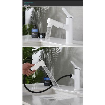 All Copper White Pull-out Basin Faucet for Household Bathroom Cold and Hot Water Mixing Multifunctional Washbasin Telescopic Faucet