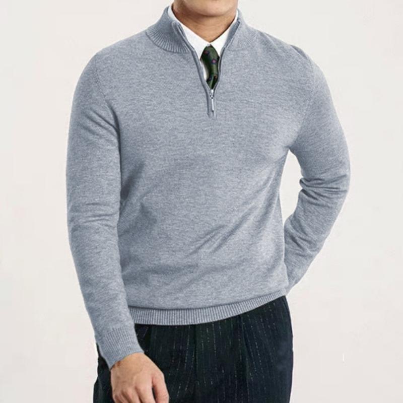 Men Half Zipper Long Sleeve Solid Color Business Fitted Knit Sweater Bottoming Shirt