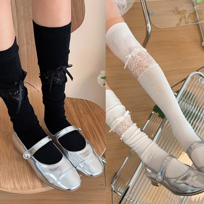 Women Lace Patchwork Calf Sock Knee Length Socks Lacing Up Knee Sock Fashion Mesh Knee Stockings Sexy Mesh Calf Socks