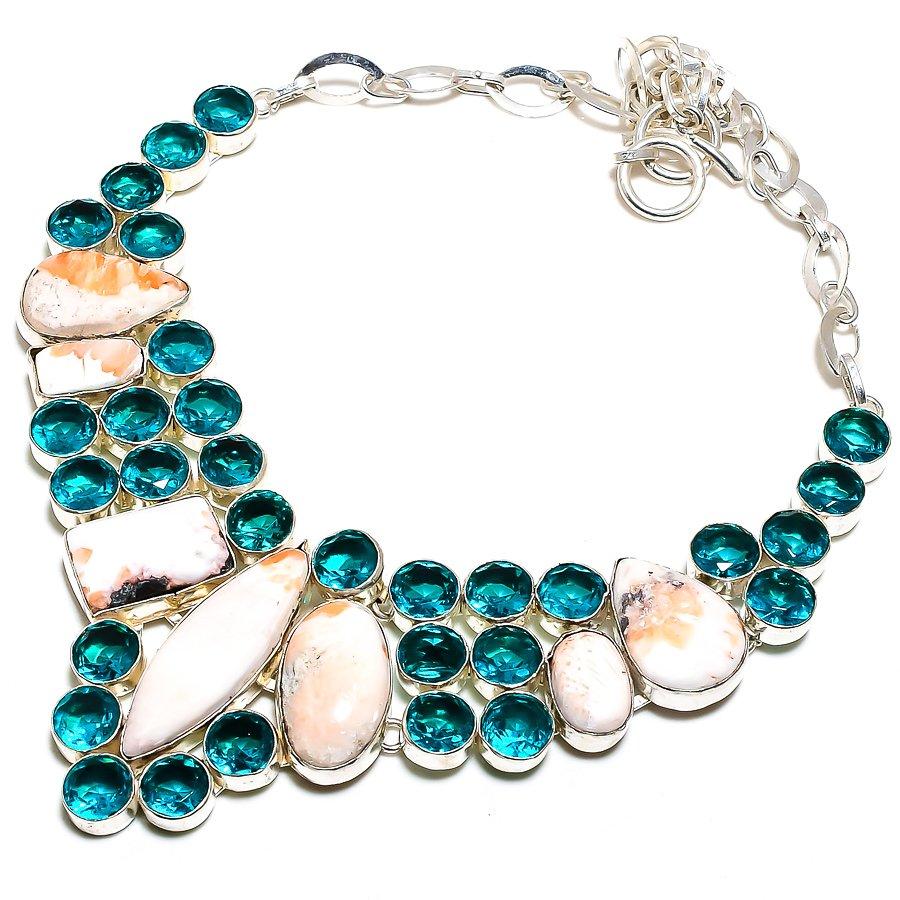 Orange Scolecite, Blue Topaz 925 Sterling Silver Jewelry Necklace 18" SU-9822