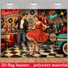 Rock and Roll Party Backdrop Banner, 1950s Diner Band Neon Sign Vintage Cars, Polyester Wall Decor for Themed Party