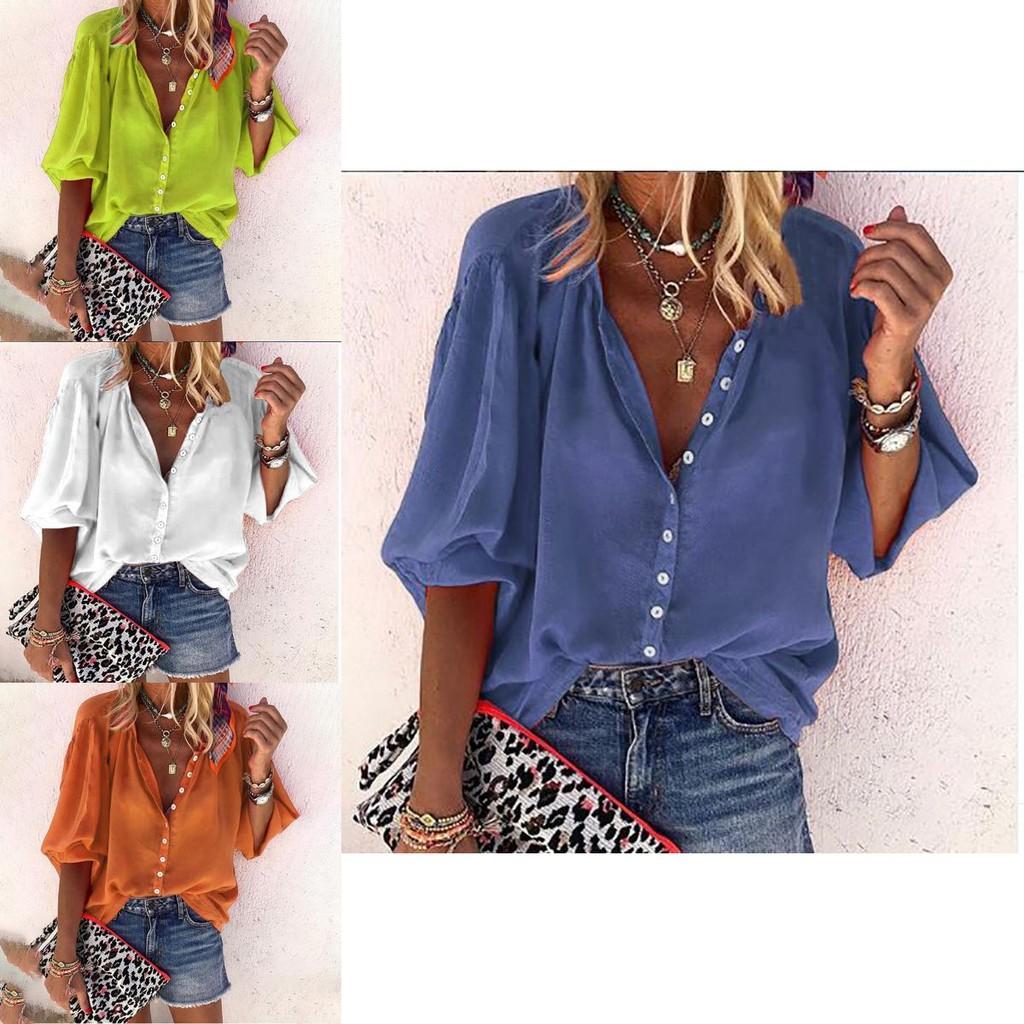 Stylish Women's 3/4 Sleeve Shirt Top Comfortable Loose Fit Button Down Blouse T-shirt