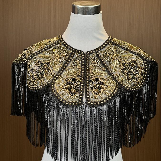 Retro Lace Sequin Qipao Shawl Dress with Beaded Shoulder Cloak
