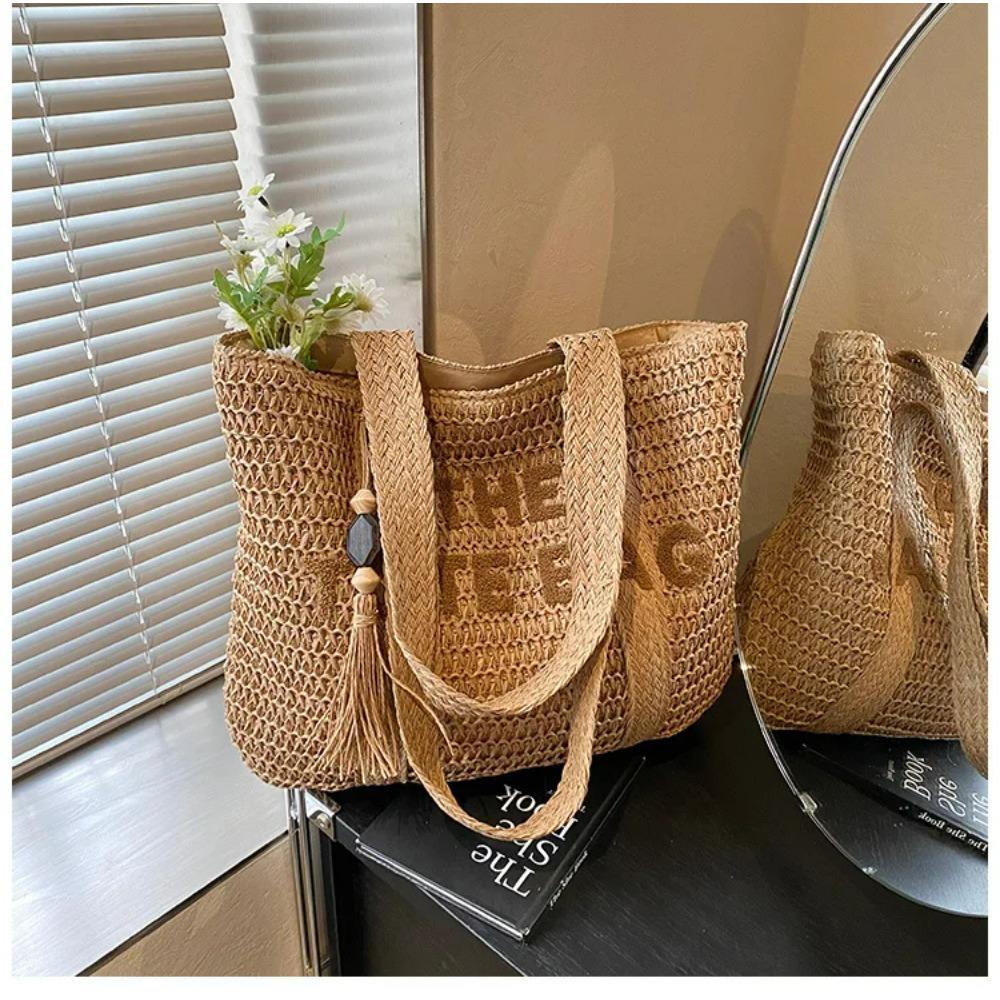 Große strohgewebte Tragetasche im französischen Stil für Damen, lässige Strandtasche, Umhängetasche