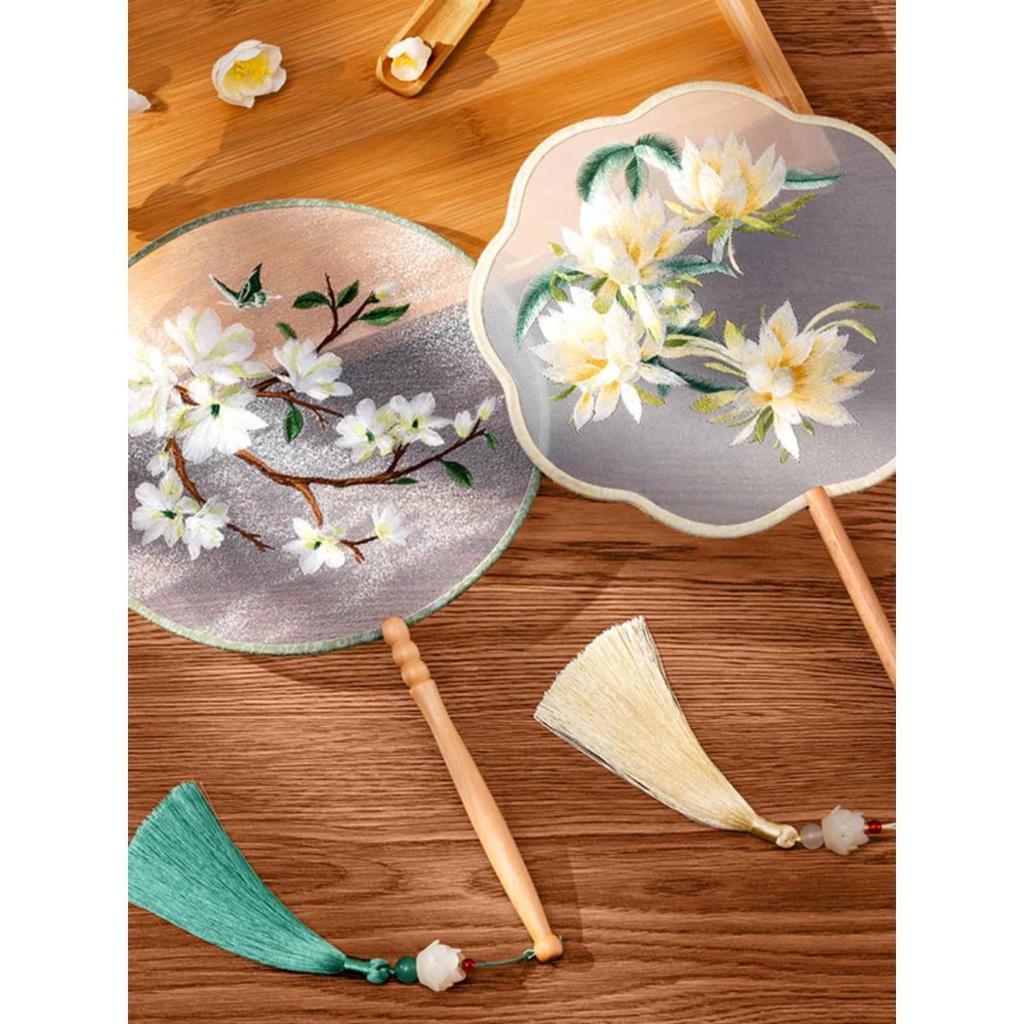 Double-Sided Embroidered Ancient-Style Semi-Transparent Fan for Women, Hanfu, Qipao, Traditional Court Lady, Children's Summer Dance Fan