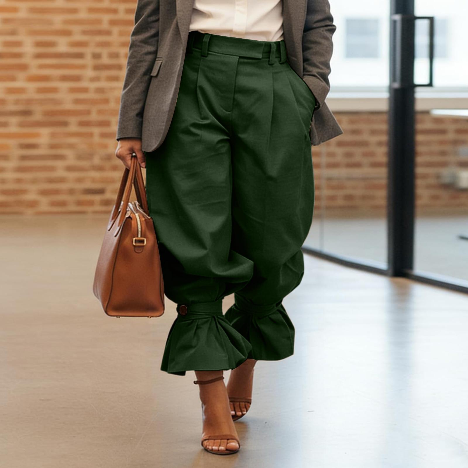 

Ladies Color High Waisted Pleated Leg Pants, Loose Wide Leg Pants, Ruffled Hem Pants XXL
