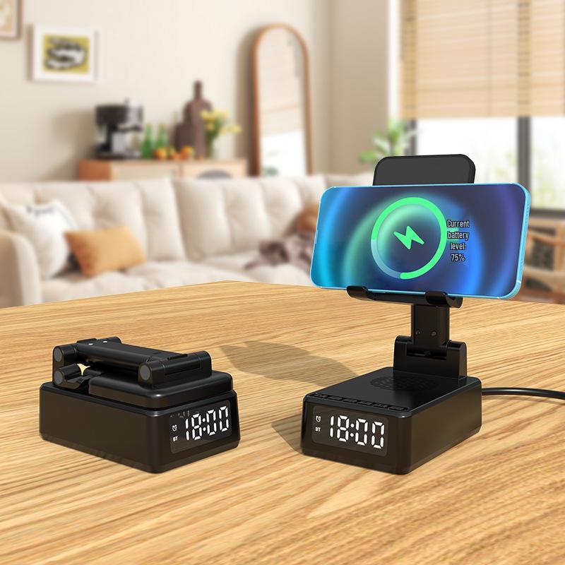 Portable Multifunction Wireless Charging Alarm Clock with Bluetooth Speaker & Phone Stand