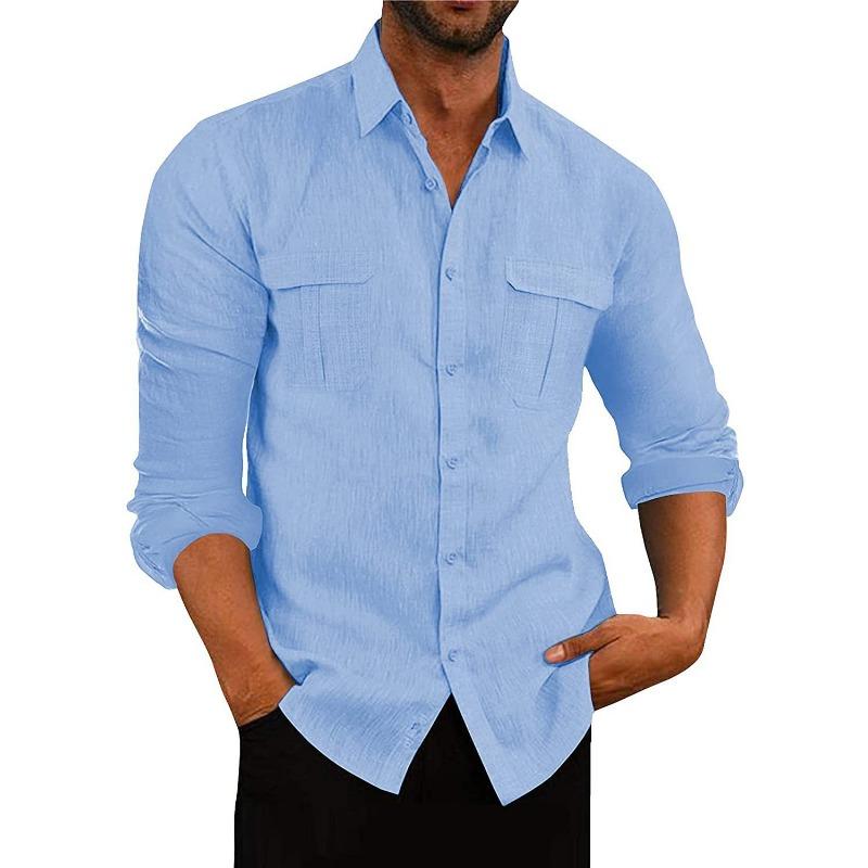 Camicie da uomo europee e americane Camicie a maniche lunghe in cotone e lino con doppia tasca Camicie casual per le feste