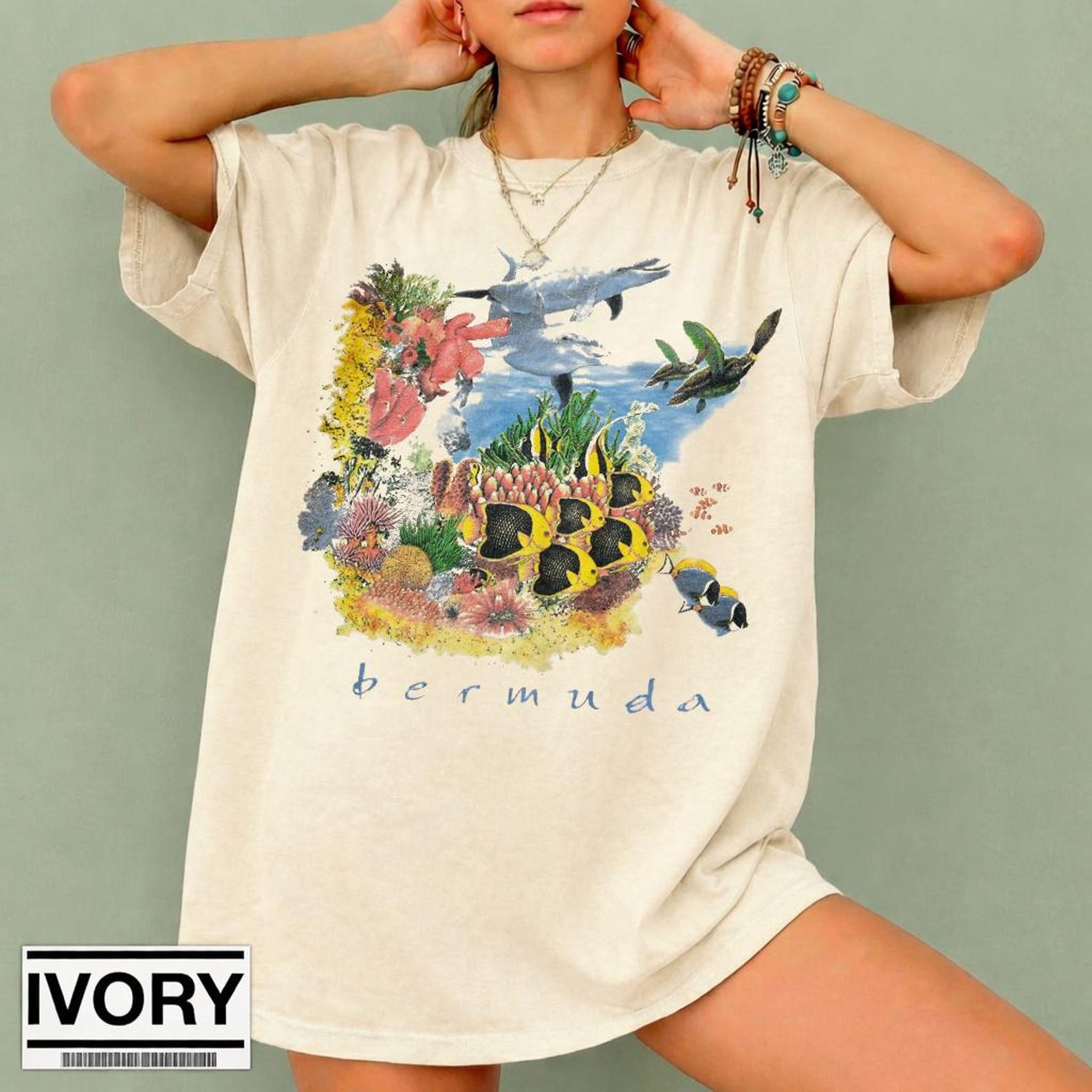 Bermuda Ocean Graphic T-Shirt, Vintage Beach Tee, Tropical Fish Coral Reef Shirt, Sea Turtle Shark Aesthetic Tee, Summer Vacation Shirt L