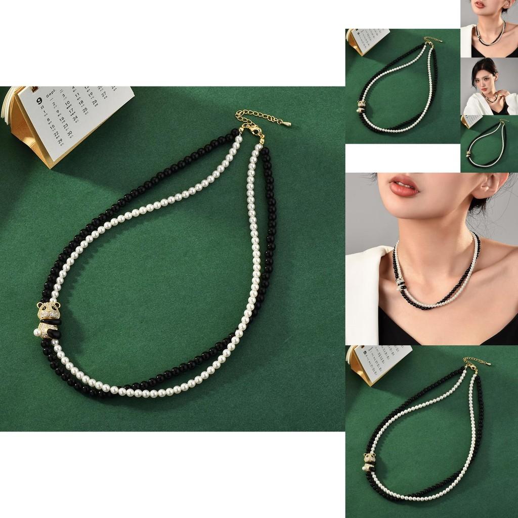 Chic Retro Style Pearl And Crystal Choker Necklace With Charming Panda For Unisex Wear