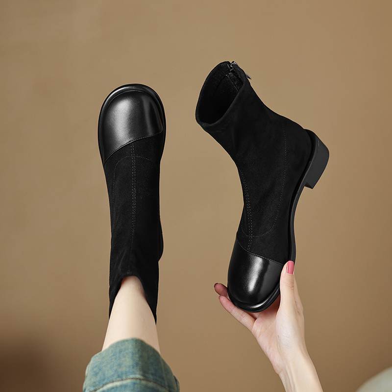 Krazing Pot Flock Autumn Winter Shoes Low Heels Size 43 Stretch Boots Back Patch Work Street Wear Elastic Ankle Boots