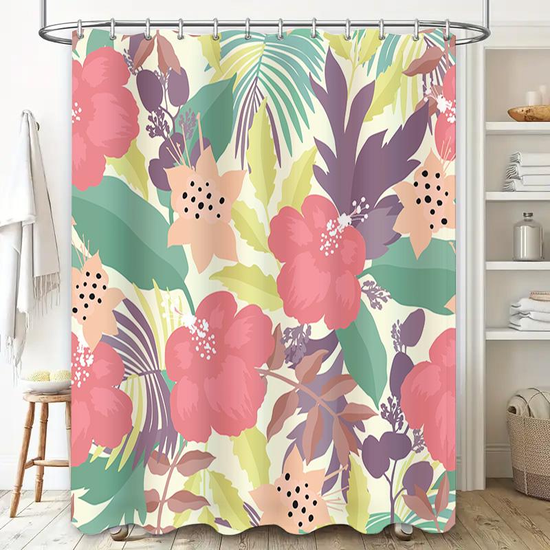 Tenda da Bagno Doccia alla Moda con Stampa Floreale Rosa Verde Viola Tessuto Impermeabile Decorativo per Set di Rivestimento per Bagno Decorazione