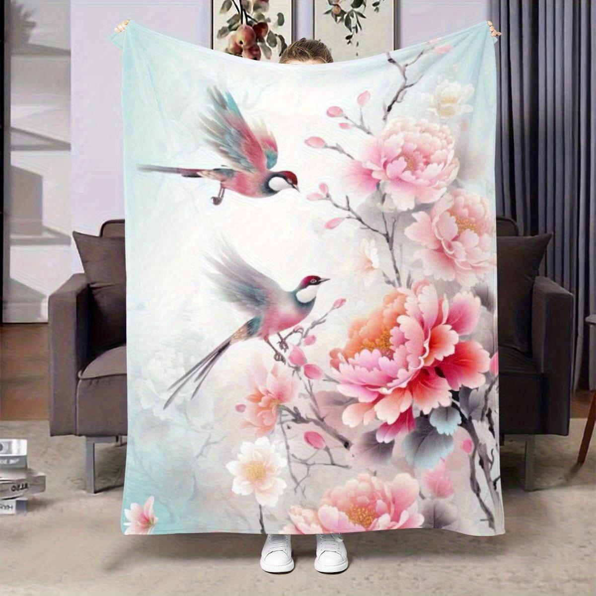 

1pc Magpie and peony patterned blanket polyester fabric machine washable suitable for bedroom and living room decoration 75x100cm