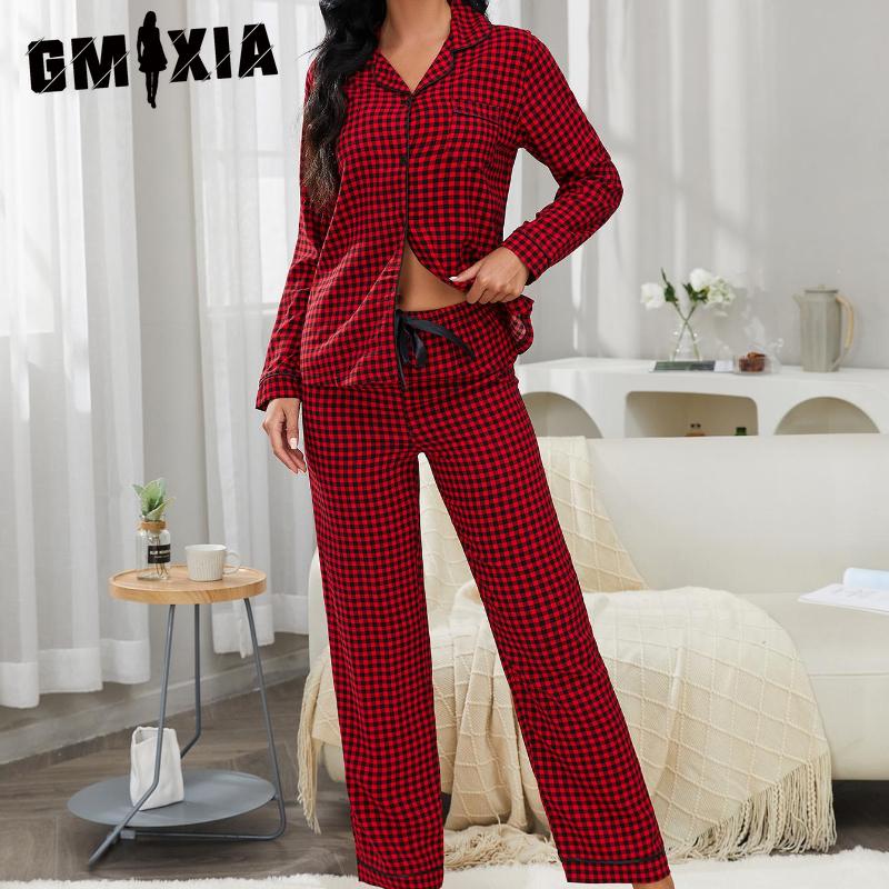 GMXIA Odzież domowa Damska Czerwona Kraciasta Koszula Kardigan z Długim Rękawem Długie Spodnie Zestaw Piżamowy