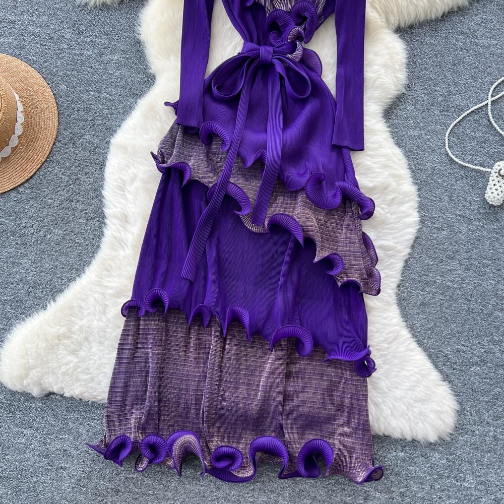 Autumn Winter Women Elegant 3D Flower Ruffles Miyake Fold Christmas Party Oversized Loose Lace-up Dresses