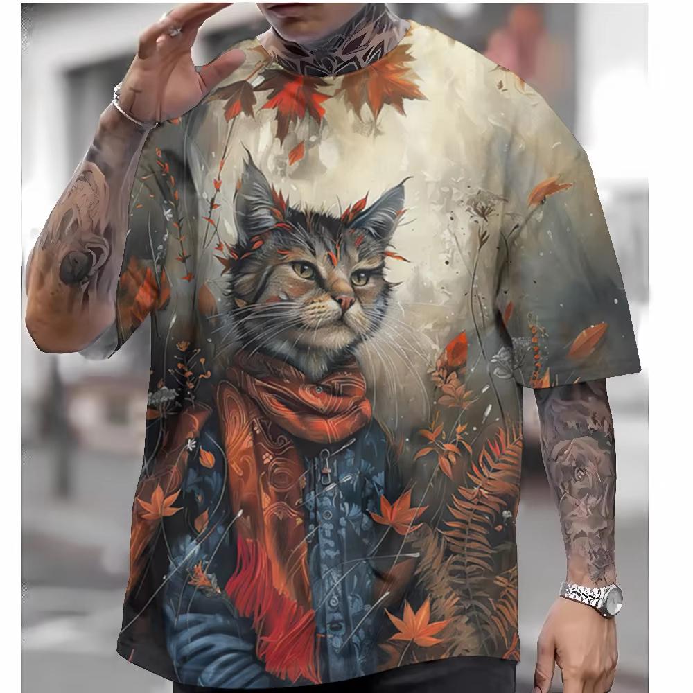 Style T-Shirt for Men Autumn Warrior Cat Graphic T Shirts 3D Printed Short Sleeve T-Shirts Men's Clothing Shirt