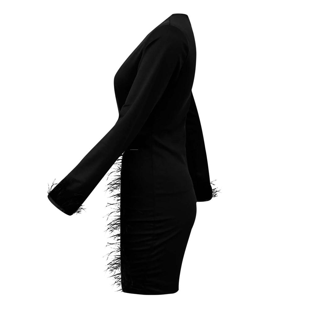 Women V-Neck Long Sleeve Solid Color Sexy Mesh Feather Casual Dress