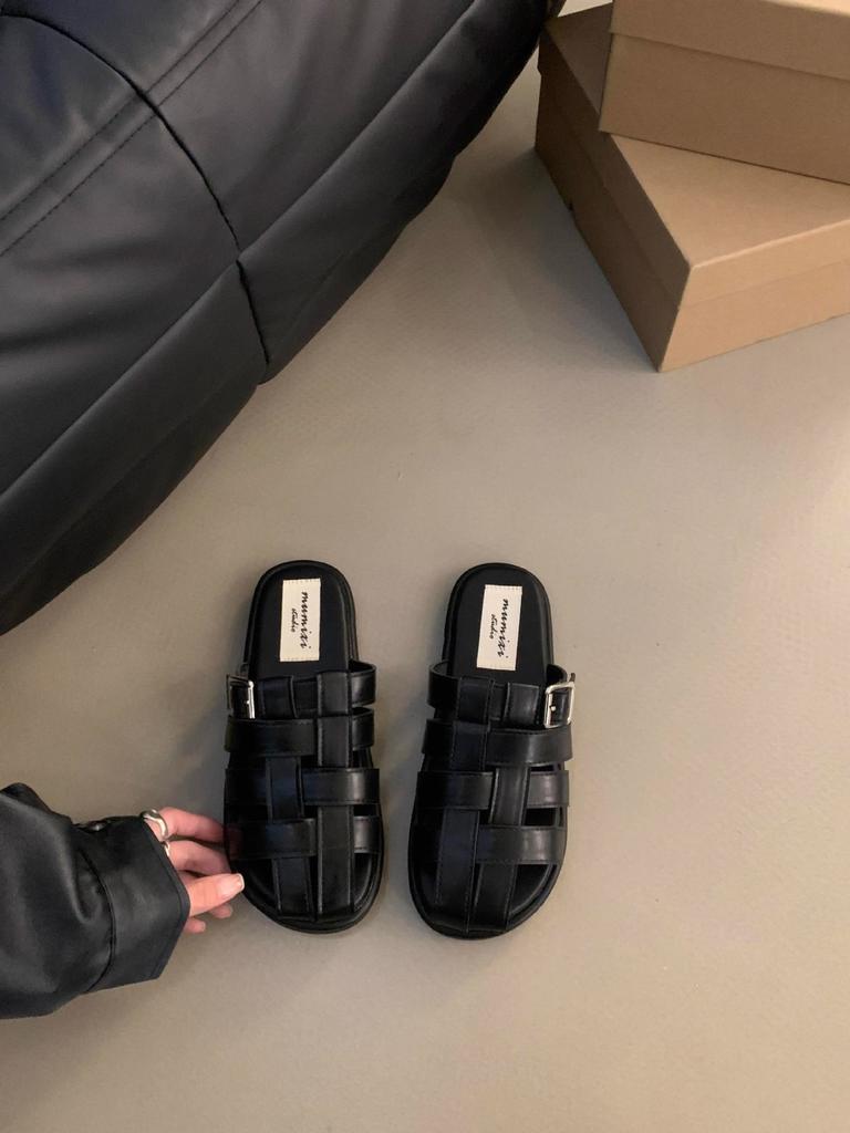 Retro Roman Shoes Women Genuine Leather Mules Round Toe Flat Sandals Buckle Slippers Ladies Fashion Casual Shoes Summer