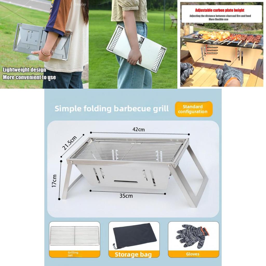 Stainless Steel Barbecue Grill With Thickened Carbon Frame For Outdoor Camping And Family Cooking