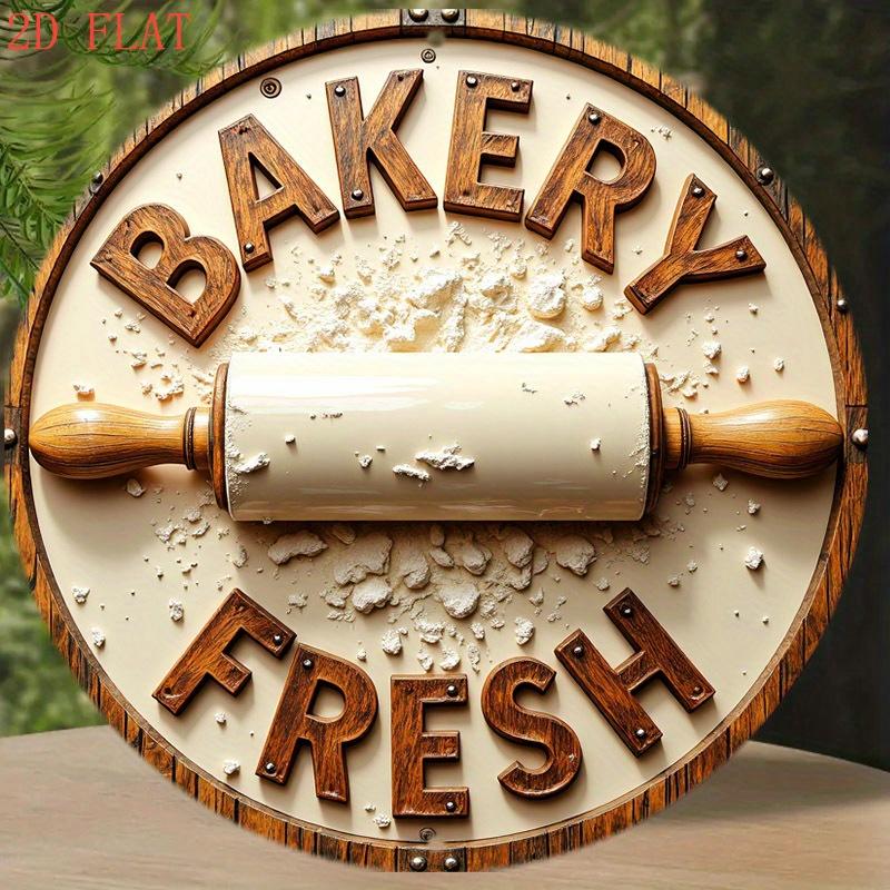D Flatpc Metal Sign Bakery Themed Round Metal Wall Decor Vintage Kitchen Sign with Rolling Pin Flour Splatter
