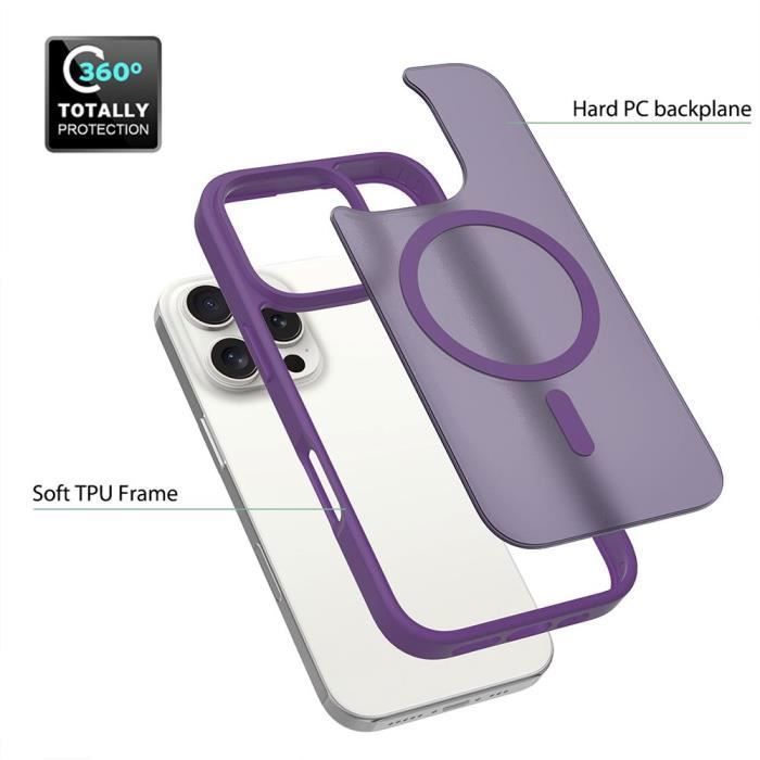 Coque de Protection - BOOLING - pour iPhone 16 Pro - Violet Foncé - Anneau Magnétique - Verres Trempés