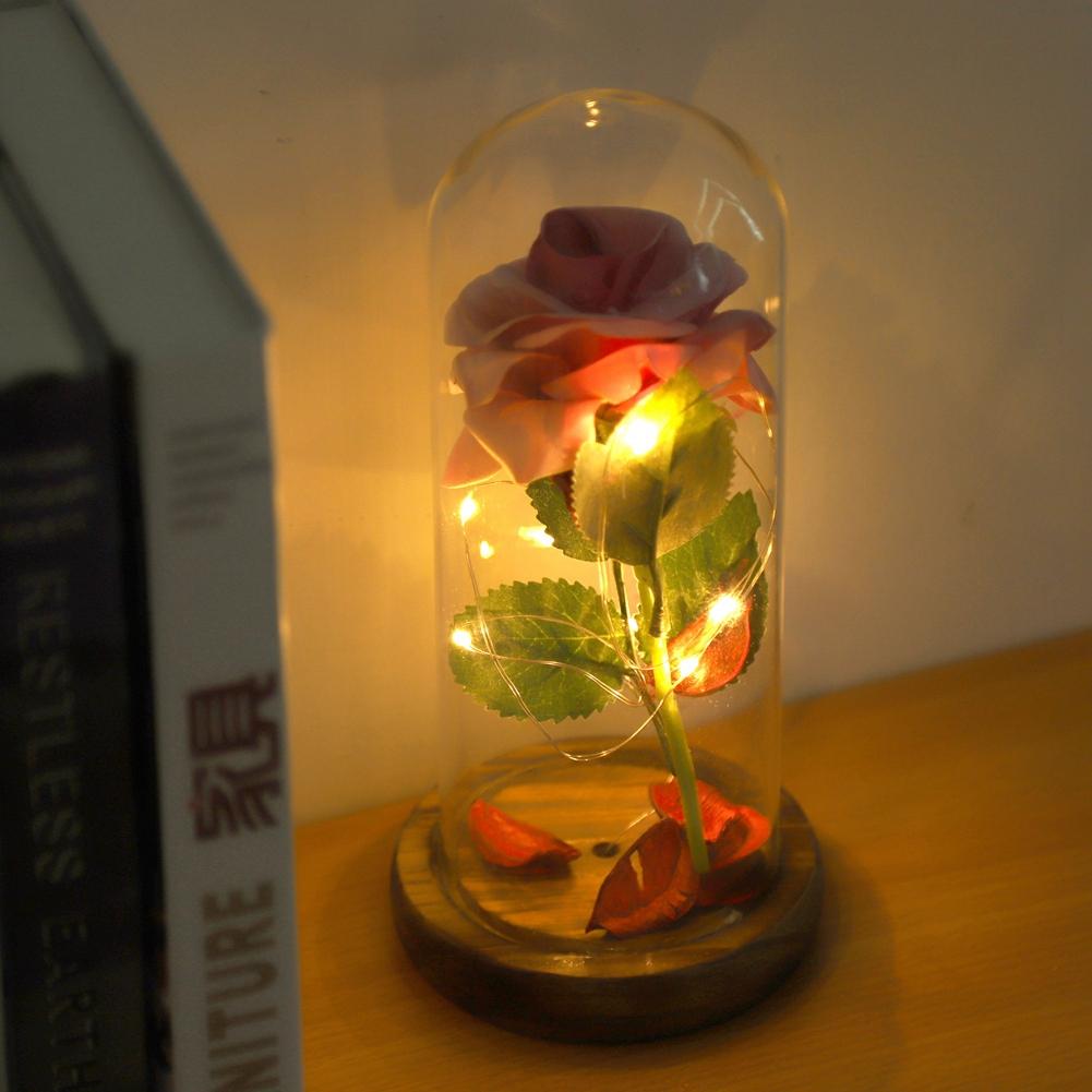Preserved   Flower LED Light with Glass Cover & Wooden Base Valentines Day Wedding Gift Red