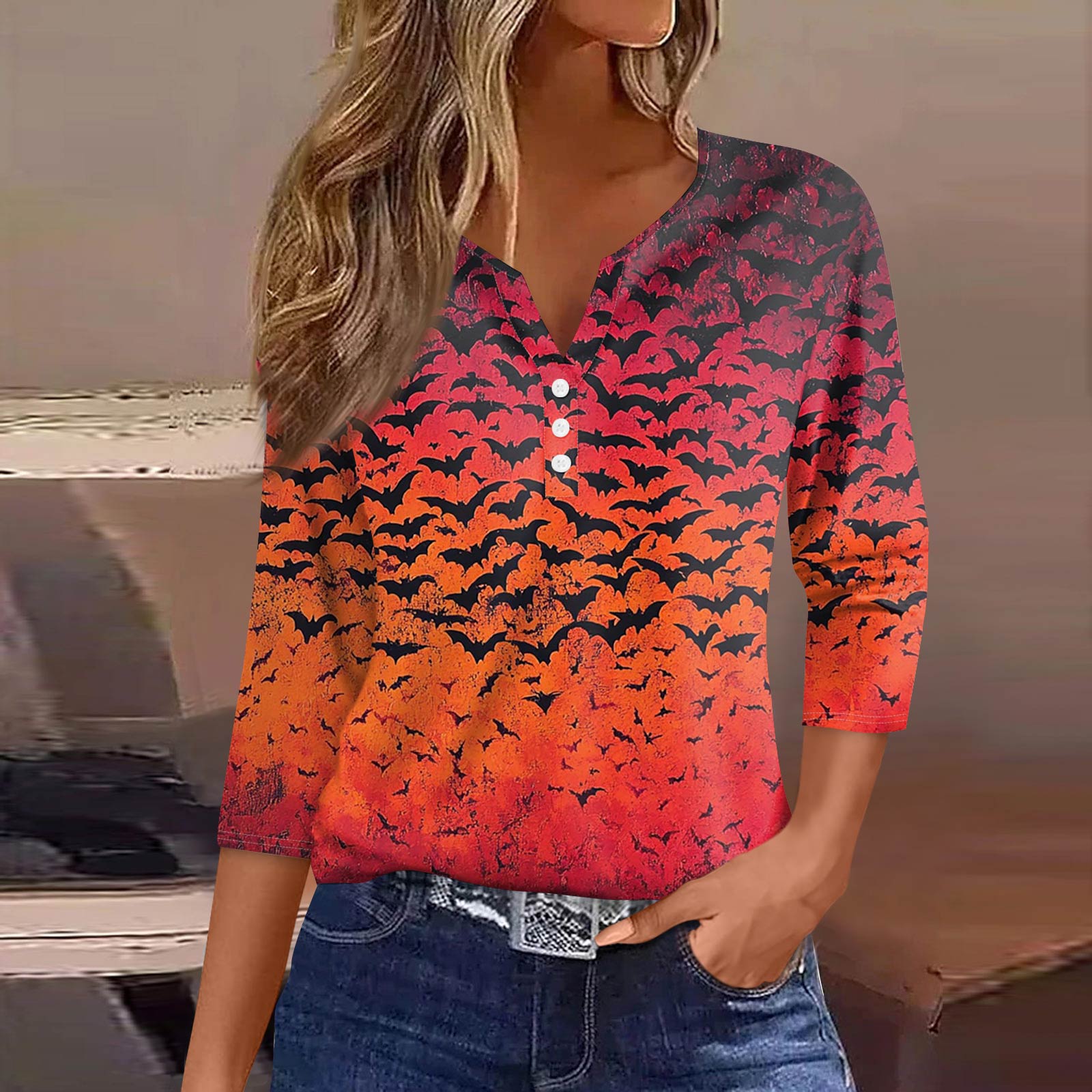 

Женская модная повседневная футболка с V-образным вырезом, рукавами семь, напечатанным на пуговицах XL