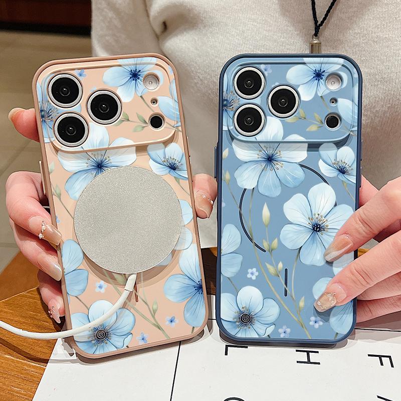 Lovely Sky-blue Flowers Pattern Case For iPhone 17 Pro Max Magnetic For Magsafe Skin Feeling Cover For iPhone 16 15 14 13 Pro Max