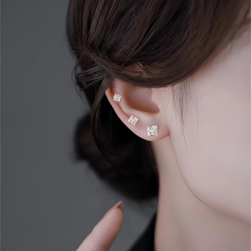 Silver Needle, Sugar Cube, Zircon Ear Studs - Exquisite Mini Style Earrings for Protecting Ear Holes. Water Droplet-shaped Earrings with Diamonds.