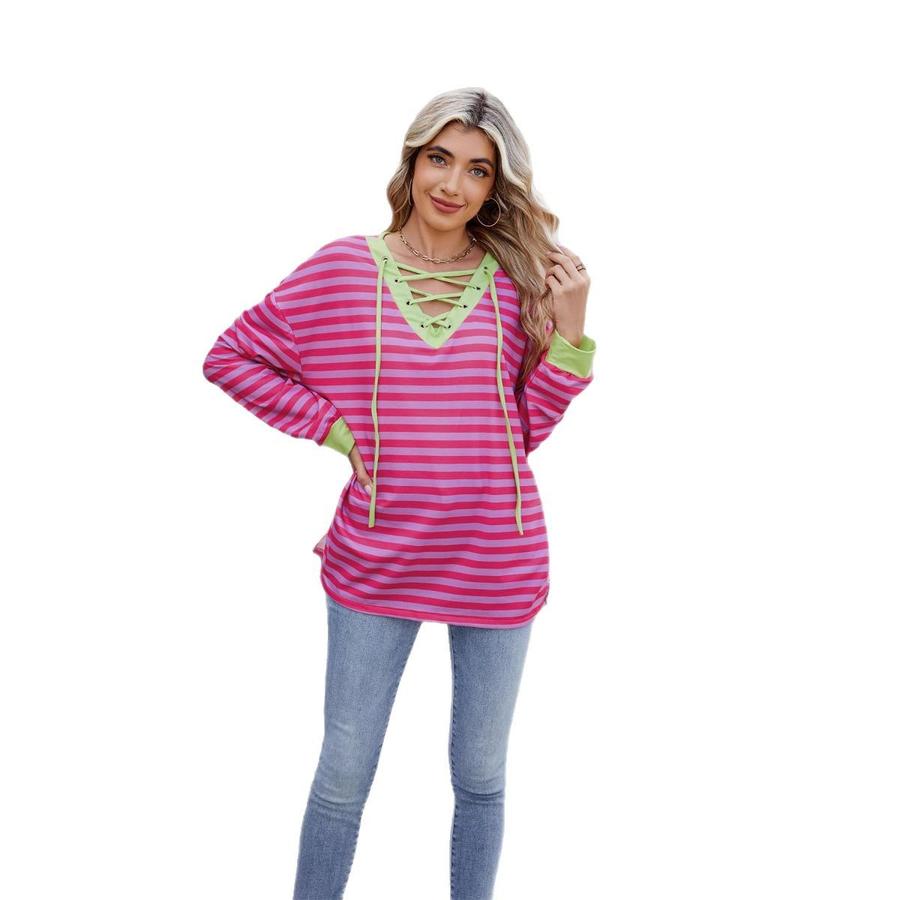 Spring/Summer New Style Striped V-Neck Sweatshirt with Tying Long Sleeve for Women