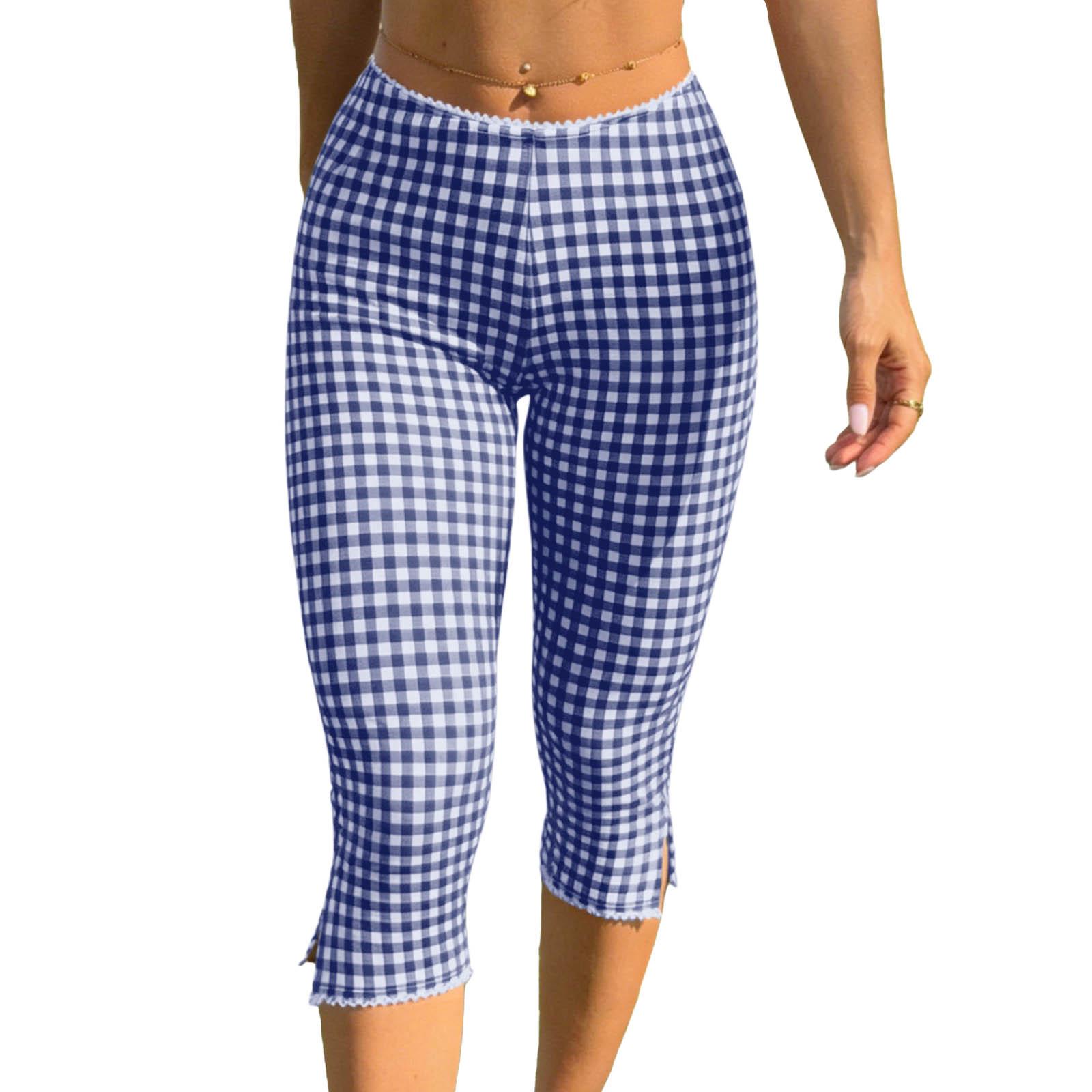 

Women s Fashion Check Print Ruffle Split Casual Seven-Eighths 7/10 Pants XXL синій