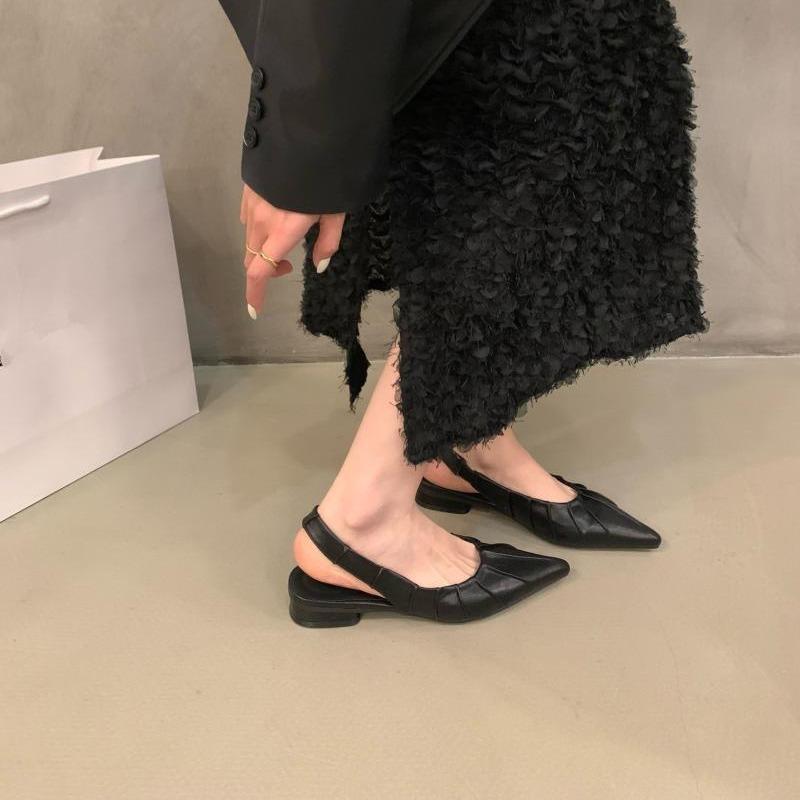 Trendy brand French low-heeled niche bag head sandals women's shoes 2025 new summer folds with skirt pointed single shoes