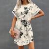 Womens Summer Short Dresses O Neck Casual Batwing-Short Sleeve Belted Dress For Women